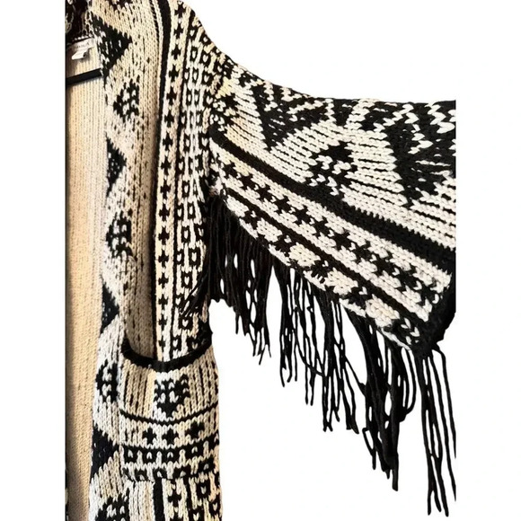 Boho Fringe Kimono Duster Cardigan Aztec Print Black White Knit Sweater - Picture 4 of 11